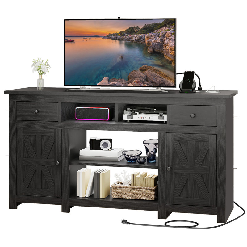 Meuble télé avec 2 tiroirs et station de charge Kavita , Noir, H 30 po x l 59 po x P 15,5 po