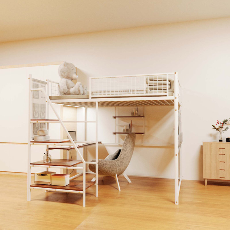 Lit mezzanine en métal avec chambre à coucher et dortoir, avec station de charge intégrée et éclairage DEL