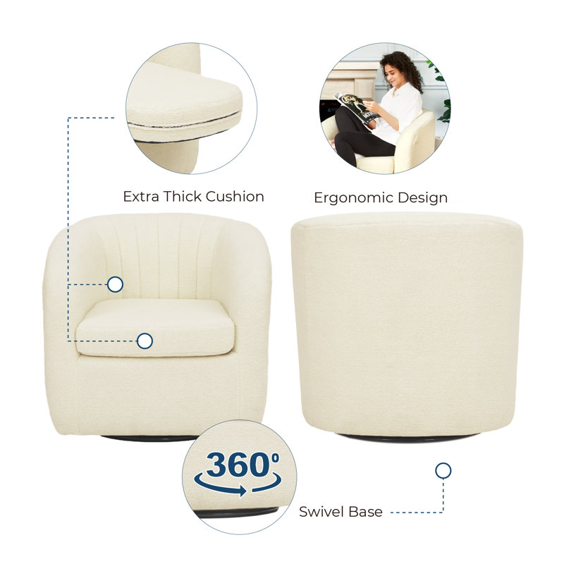 Swivel Mid-Century Modern Accent Tub Chair with Faux Shearing Upholstery and Hidden Base, Ivory