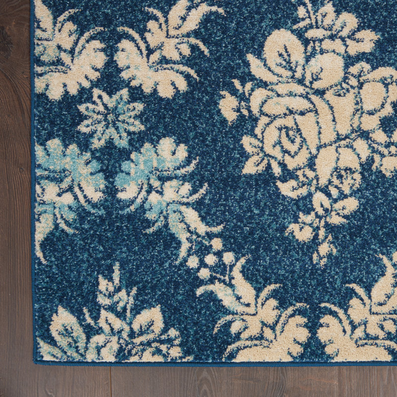 Tapis bleu marine à motif floral Deedra, Rectangle 6 pi x 9 pi