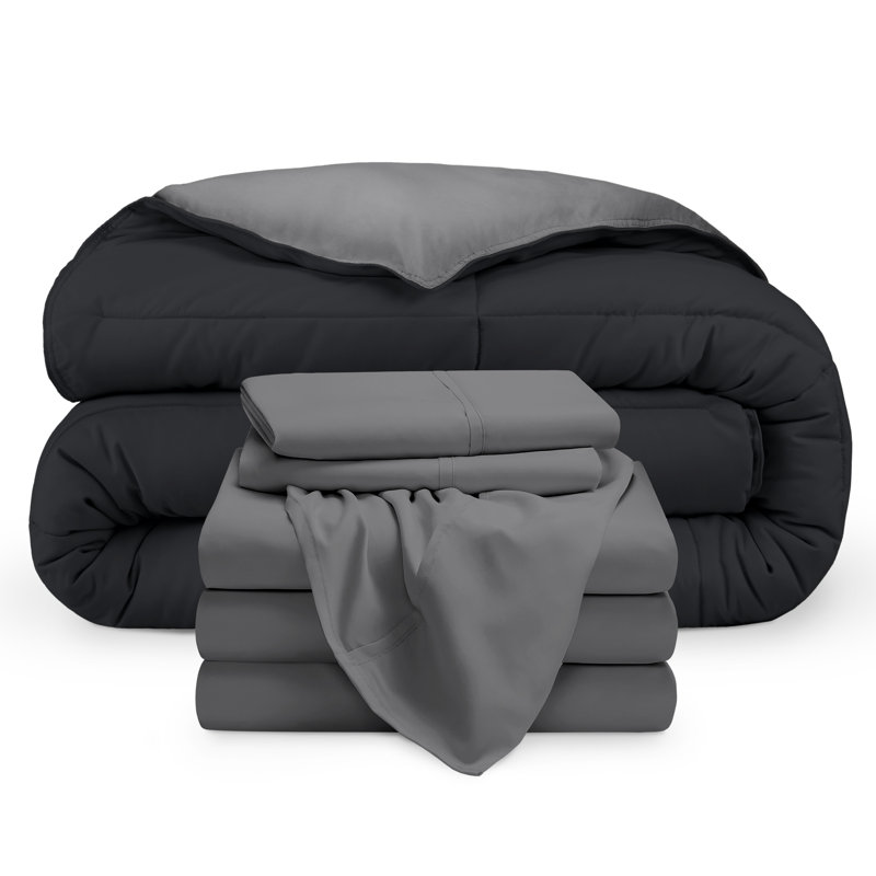 Microfiber Reversible Bed-In-A-Bag, Black/Grey, Grey, Split Queen Comforter + 2 Pillowcases