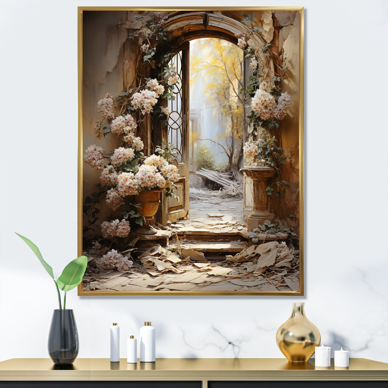 Ruines anciennes «Blooms I» - Art mural fantastique, Cadre flottant doré, H 40 po x l 30 po