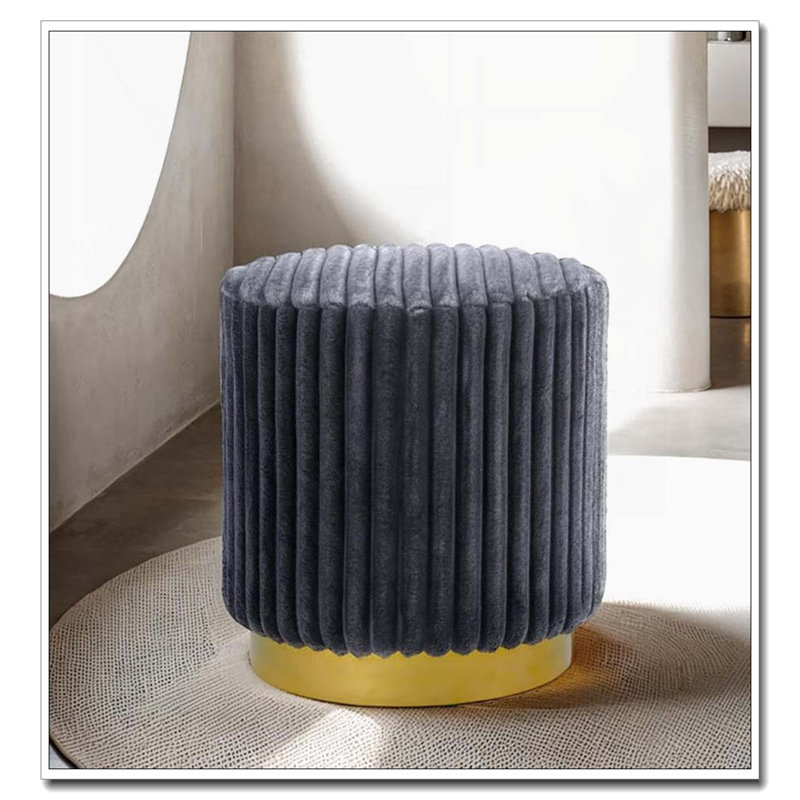 Channel‑Tufted Accent Stool – Dark Gray Fur‑like Fabric – Gold Stainless Steel Base, Dark Gray