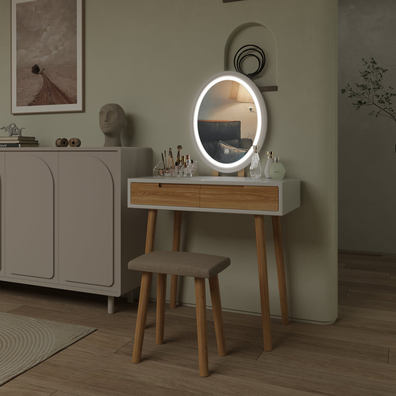 Angeligue Vanity Table Set with Adjustable Brightness Mirror and Cushioned Stool, Burlywood