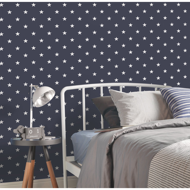 Deauville 2 Geometric Star Design 33' L x 21" W Wallpaper Roll, Navy Blue/White