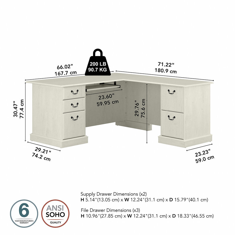 Raker Reversible L-Shape Computer Desk with Drawers, Linen White Oak