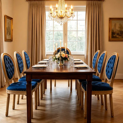 French Style Solid Wood Dining Chairs Set of 6 – Antique Painting Finish, Soft Velvet Upholstery with Nailhead Trim & Hand-Pulled Buckle Decoration, High Back Comfort Seats for Living Room, Kitchen, Dining Room