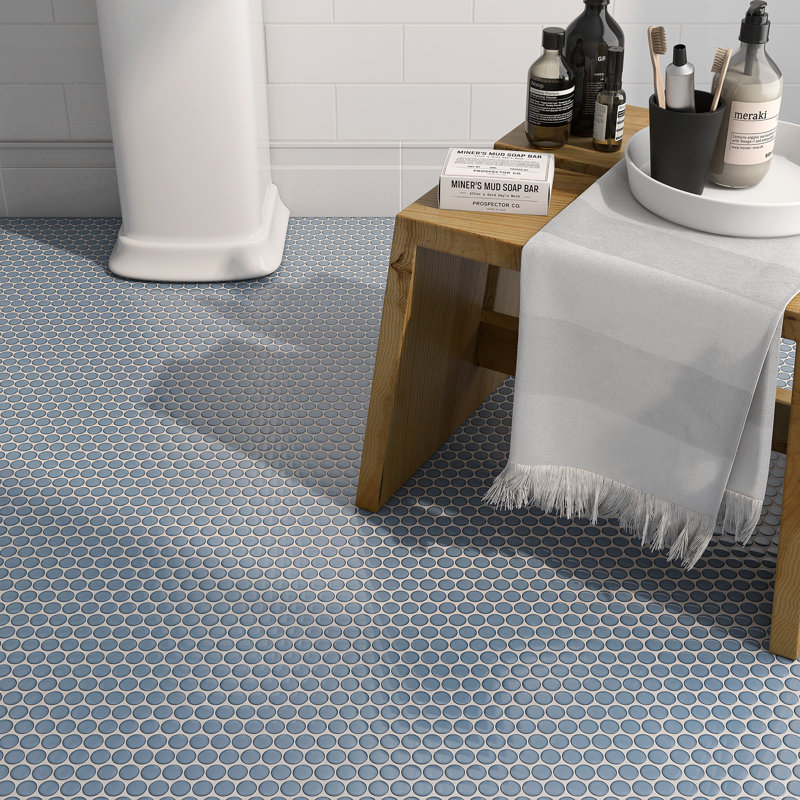 Glossy Bright Penny Round 12x12 Porcelain Mosaic for Wall & Floor tile, Sky Blue