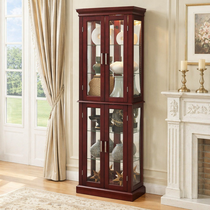 Vitrine lumineuse avec tablettes réglables et dossier en miroir pour mettre en valeur les objets de collection et embellir la décoration intérieure