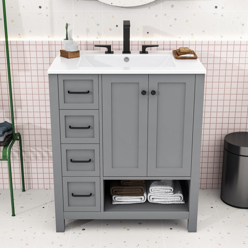 Meuble-lavabo en bois avec comptoir, 2 tiroirs et portes, Gray