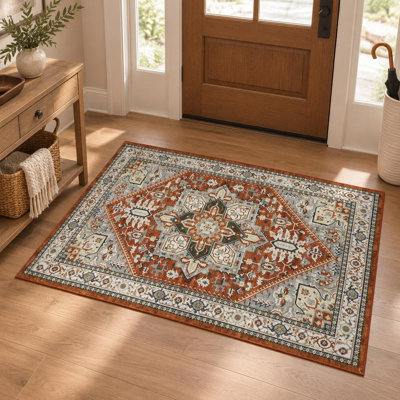 Tapis délavé à motif floral lavable, tapis traditionnel antidérapant pliable pour le salon, la chambre à coucher, la cuisine et les espaces intérieurs de salle de bain