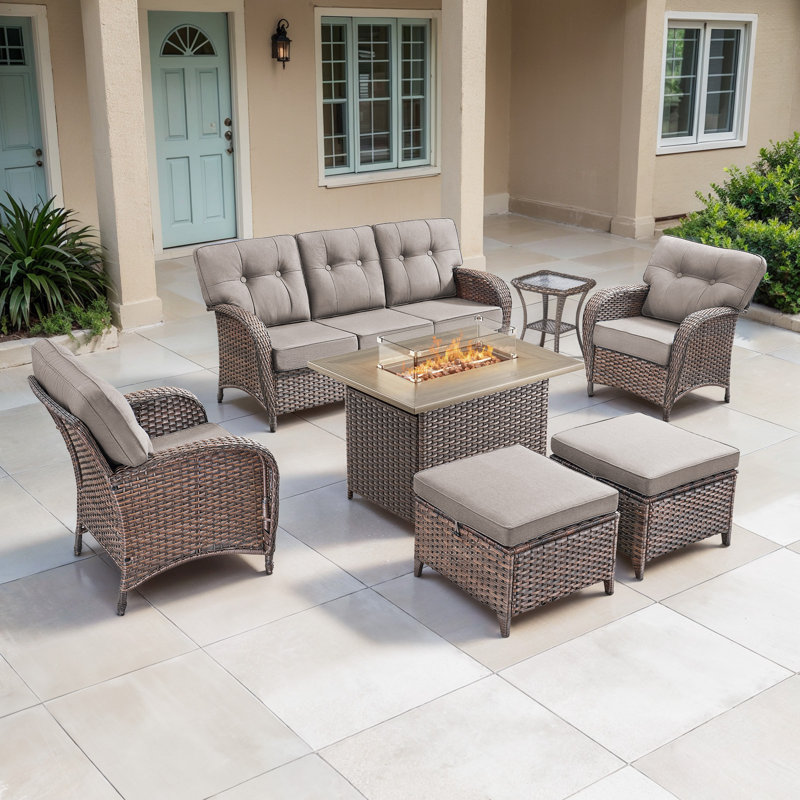 Agnes 5 Piece Outdoor Rattan Patio T-Back Cushions Conversation Furniture Set With Fire Pit Table, Gray
