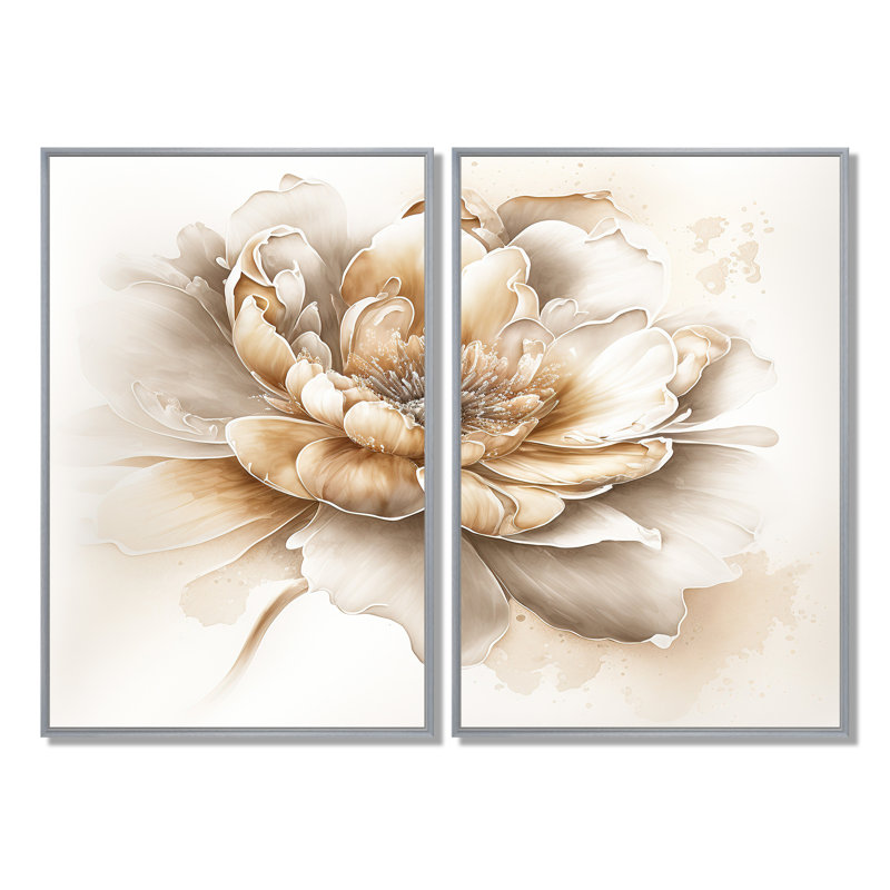 Indigold fleur beige V - art mural traditionnel beige 2 pièces, H 36 po x l 48 po, Impression encadrée flottante