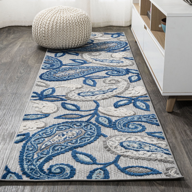 Nidavellir Paisley High-Low Blue/Light Gray Indoor/Outdoor Rug, Runner 2'3" x 8'