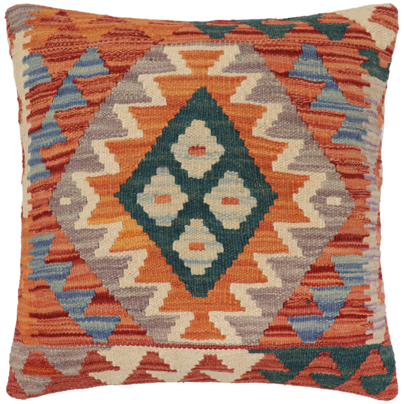 Coussin rustique Kilim, H 20 po x l 20 po, Vert / orange / beige