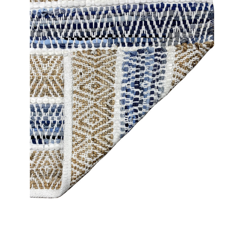 Natural and Denim Striped Cotton Accent Rug, 27" x 45"