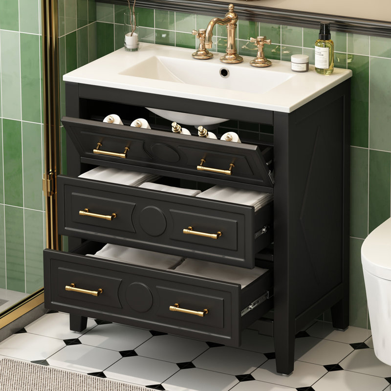 Armoire de meuble-lavabo 30 po avec lavabo simple en céramique, porte à fermeture en douceur avec tablette intégrée, 3 tiroirs