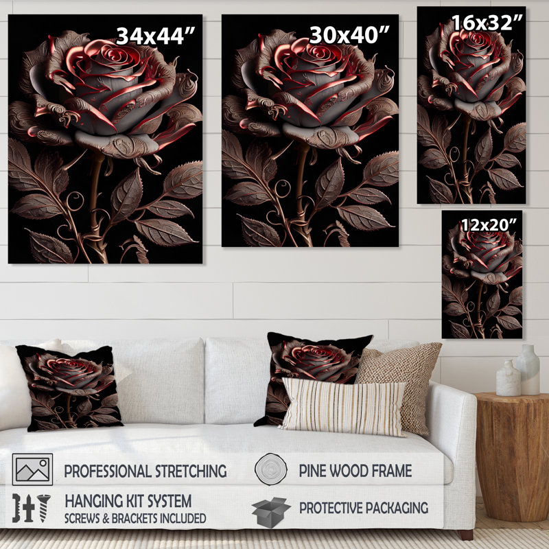 «Blossoming Rose» en rouge et gris IV - Art mural sur toile florale, H 44 po x l 34 po x P 1,5 po, Toile tendue