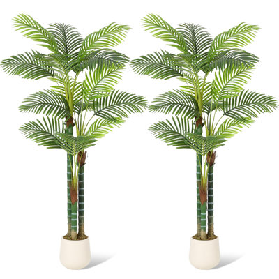  Set of 2 Artificial Golden Cane Palm Trees – 6ft Tall Realistic Faux Exotic Plants with White Planter Pots, UV Resistant, Low Maintenance
