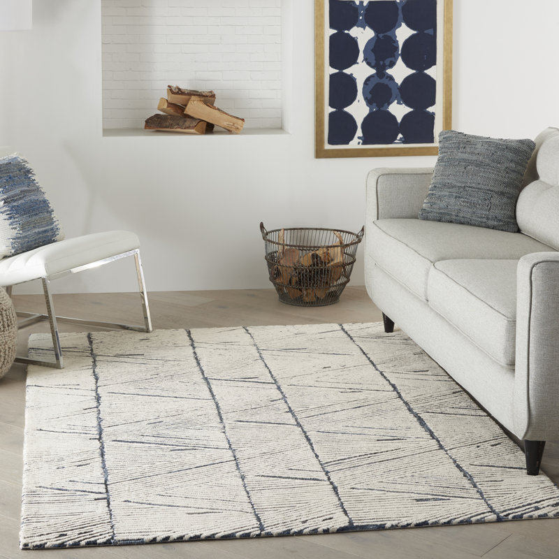 Beva Geometric Handmade White/Blue Area Rug, Rectangle 160 x 221cm