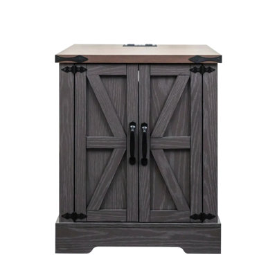 Rustic Style Charging End Table - Grey Walnut Nightstand With Adjustable Shelf And Barn Doors For Living Room Home