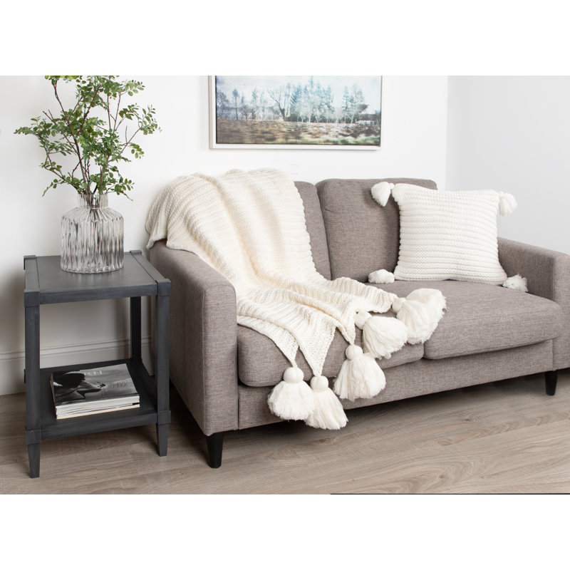 White Acrylic Ribbed Knit Pillow Cover with Tassels