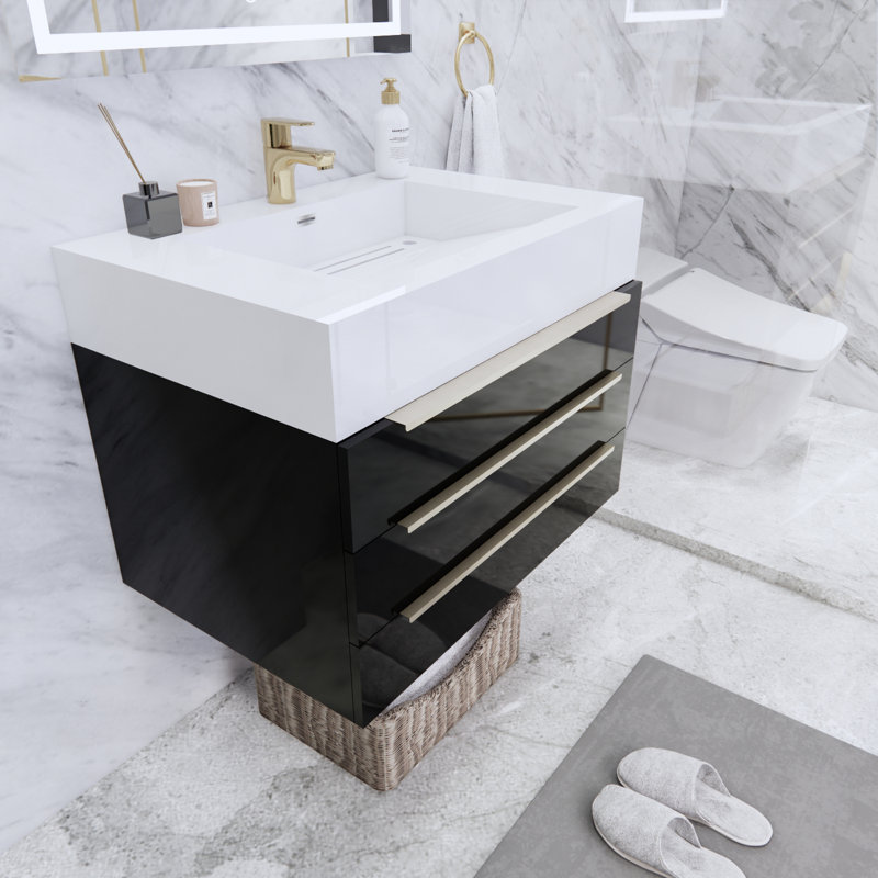 Glasgow 29.5'' Single Bathroom Vanity with Acrylic Top, High Gloss Black, Glossy White
