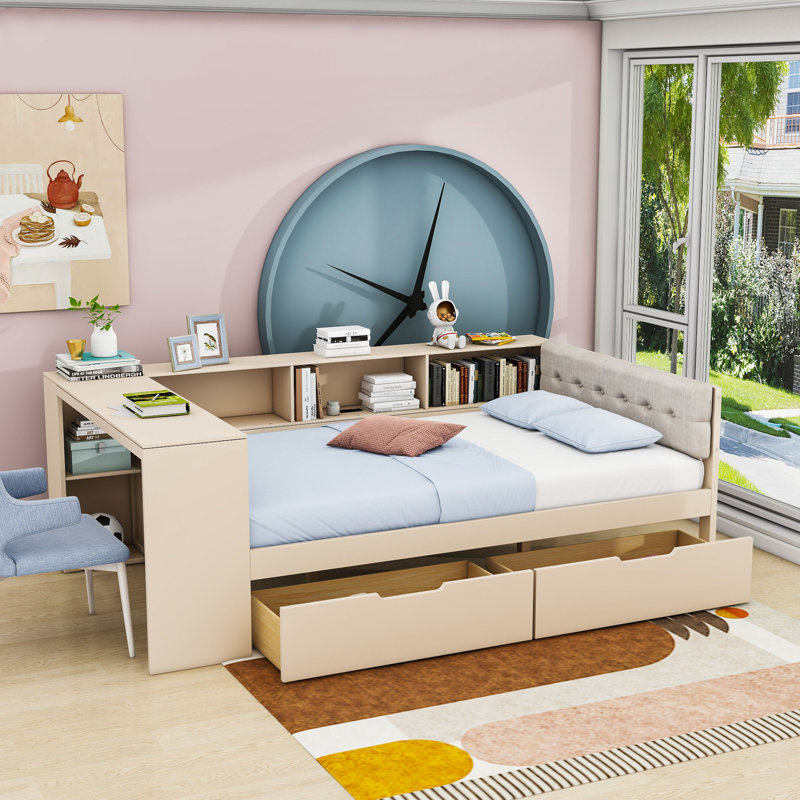 Two Drawers Wood Platform Bed with Storage Shelves and Charging Station, Full/Double, Cream