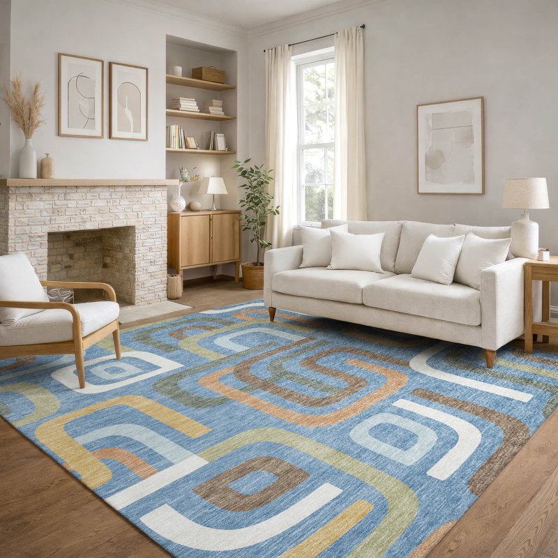 Tapis Mid-Century de qualité supérieure lavable à la machine Villers AMF2551, Bleu, 10 pi x 14 pi