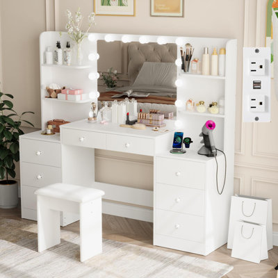 Coiffeuse de maquillage avec 8 tiroirs, 6 tablettes ouvertes, table de maquillage pour femme, coiffeuse de chambre à coucher avec miroir