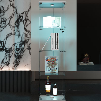 Vitrine blanche à 4 tablettes au sol avec porte - bureau de chambre à coucher 64,7 po x 16,7 po x 14,3 po à conception attrayante avec éclairage blanc, 64,7 po x 16,7 po x 14,3 po