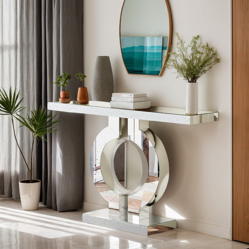 Console en miroir 43 po avec base en forme de O argentée élégante et miroir 43 po