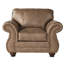 Chaise avec accoudoirs en similicuir et garniture cloutée brune, accoudoirs roulés, coussins confortables, fabrication en bois et revêtement brun moyen, garniture,-353488321-353488322