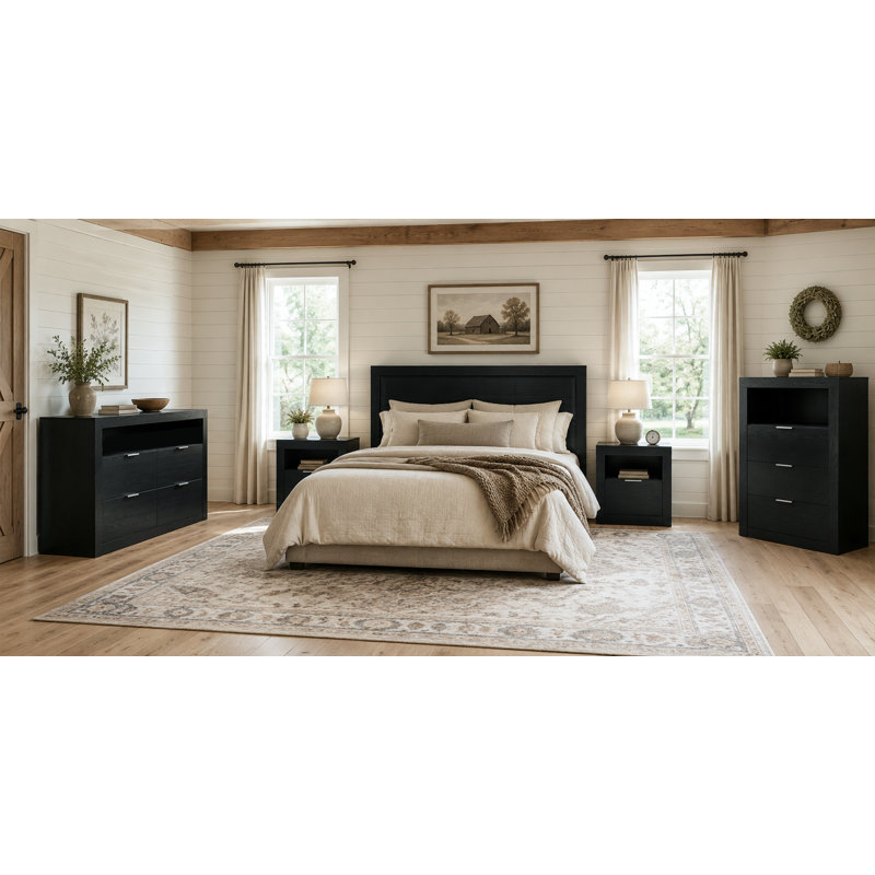 4-Pieces Bedroom Sets, 4 Pcs: 2 Nightstands, Chest, Dressers, Black