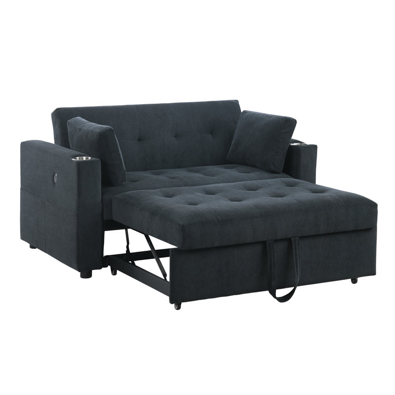 Causeuse convertible en velours côtelé noir de 57 po avec porte-gobelets, ports USB, poches pour magazines, coussins, capitonnage