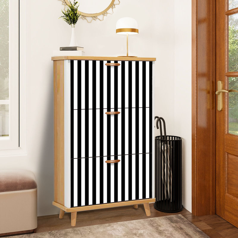 Rangement à chaussures avec 3 tiroirs rabattables pour range-chaussures rayé noir et blanc