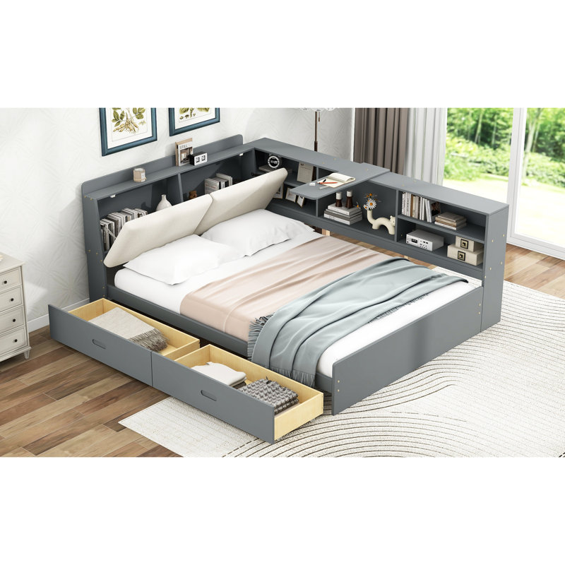 Full Size Gray Wood Platform Bed With Storage Headboard, Built - In Shelves, 2 Drawers And Stable Slat Arrangement Comfortable Upholstered Design