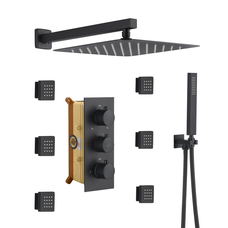 Système de douche thermostatique complet 12 po avec valve brute Revitalize, Noir mat