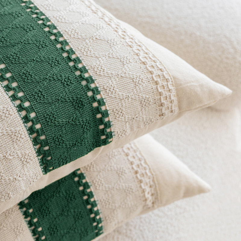 Barossa Design Boho Embroidered Geometric Cotton Blend Pillow Cover, Rectangle 12"H x 20"W, Pine Green