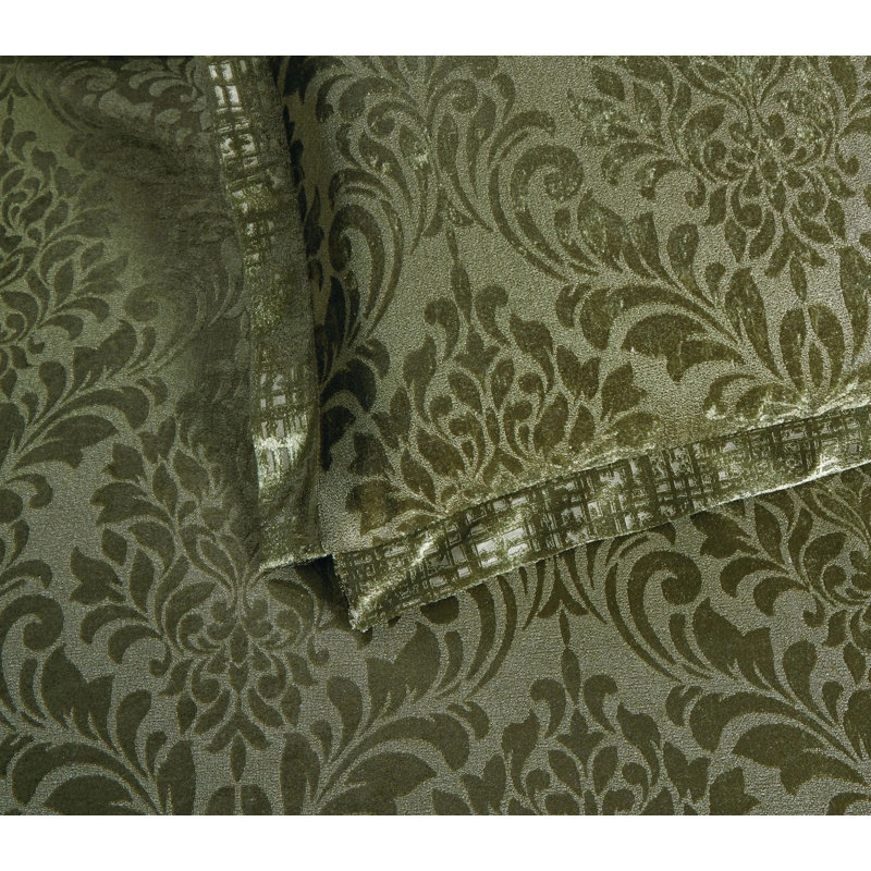 3 Piece Velvet Damask Jacquard Bedspread Reverse Microfibre Bed Throw 2 Matching Pillow Shams, Green