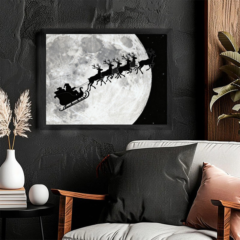 Art mural noir en forme de traîneau de père Noël moderne, impression de scène de Noël dramatique au clair de lune