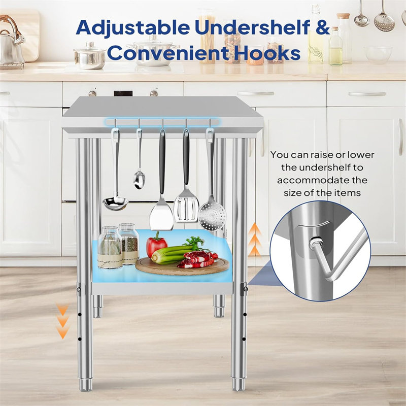Silver Stainless Steel Kitchen Prep Table with Adjustable Undershelf and Hooks