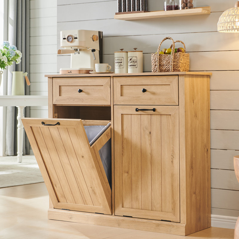 Farmhouse Tilt Out Trash Can Cabinet w/drawers, Dog Proof Trash Can Cabinet, with Storage Basket for Kitchen -20 Gallon Natural