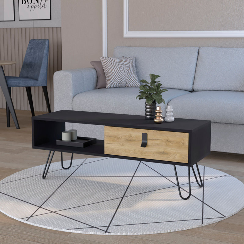 TUHOME Coffee Table with Drawer and Hairpin Legs, Black