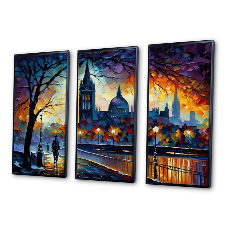 «City View in the Fall I», reproduction sur toile 3 pièces, H 28 po x l 36 po x P 1 po, Cadre flottant noir