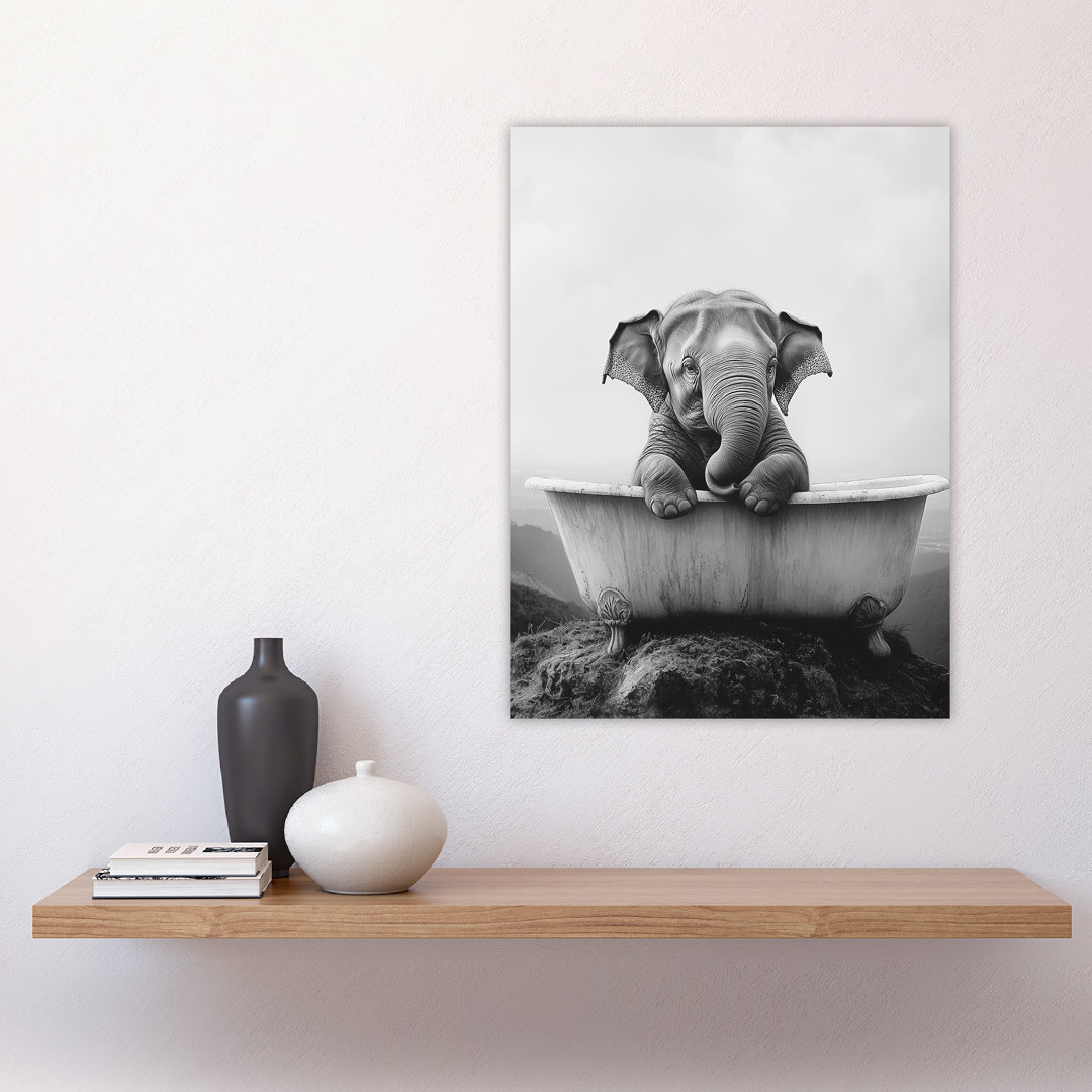 Cute Baby Elephant In Bathtub Surreal Wall Art Print