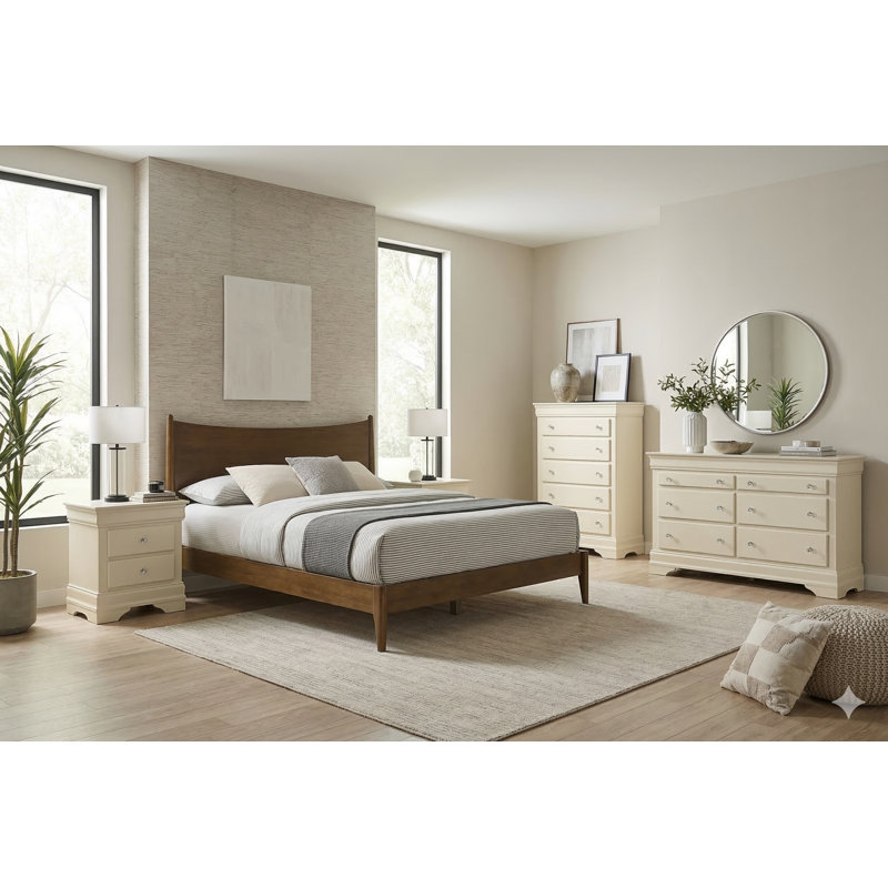 Barvelle Solid Wood 5 Piece Bedroom Set, Brown/Ivory, 5 Pcs: Bed, 2 Dressers, 2 Nightstands