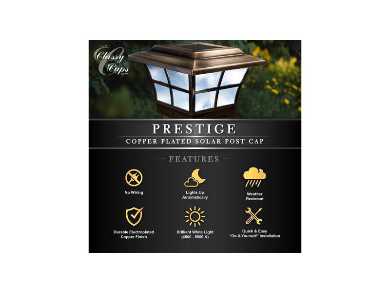 140F7FD114A348AC9603633EFBF0D569 Capuchon de poteau solaire Prestige plaqué cuivre 4 x 4 pouces, Cuivre