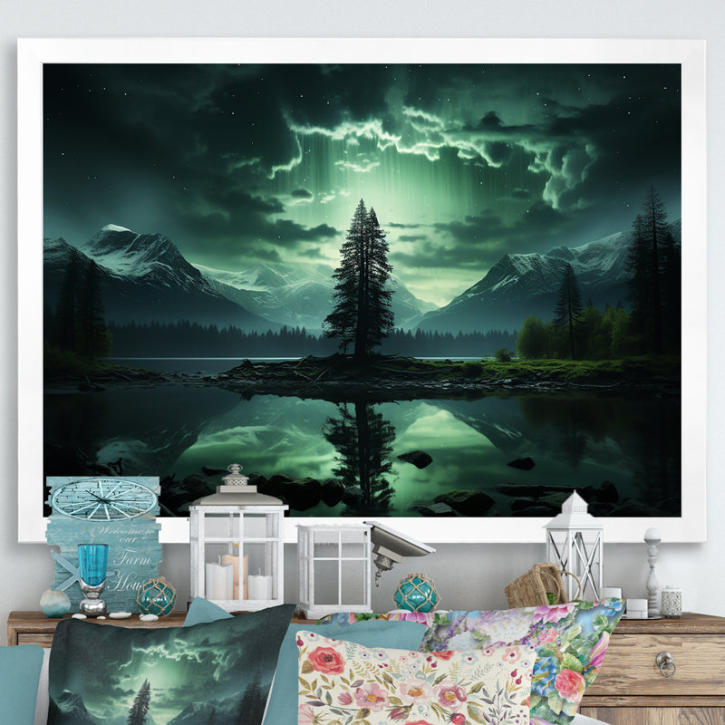 Arbre émeraude dans les aurores boréales II - arbre, art mural, Cadre de coin blanc fermé, H 16 po x l 32 po x P 1 po
