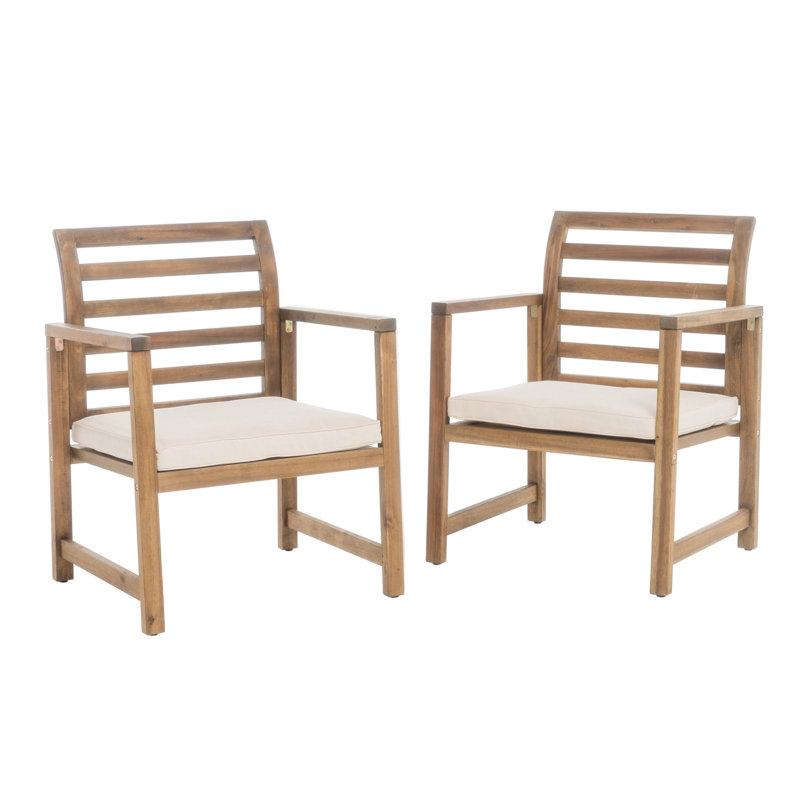 Ensemble de 2 fauteuils club d'extérieur, dossier à lattes, bois d'acacia brun, tissu blanc